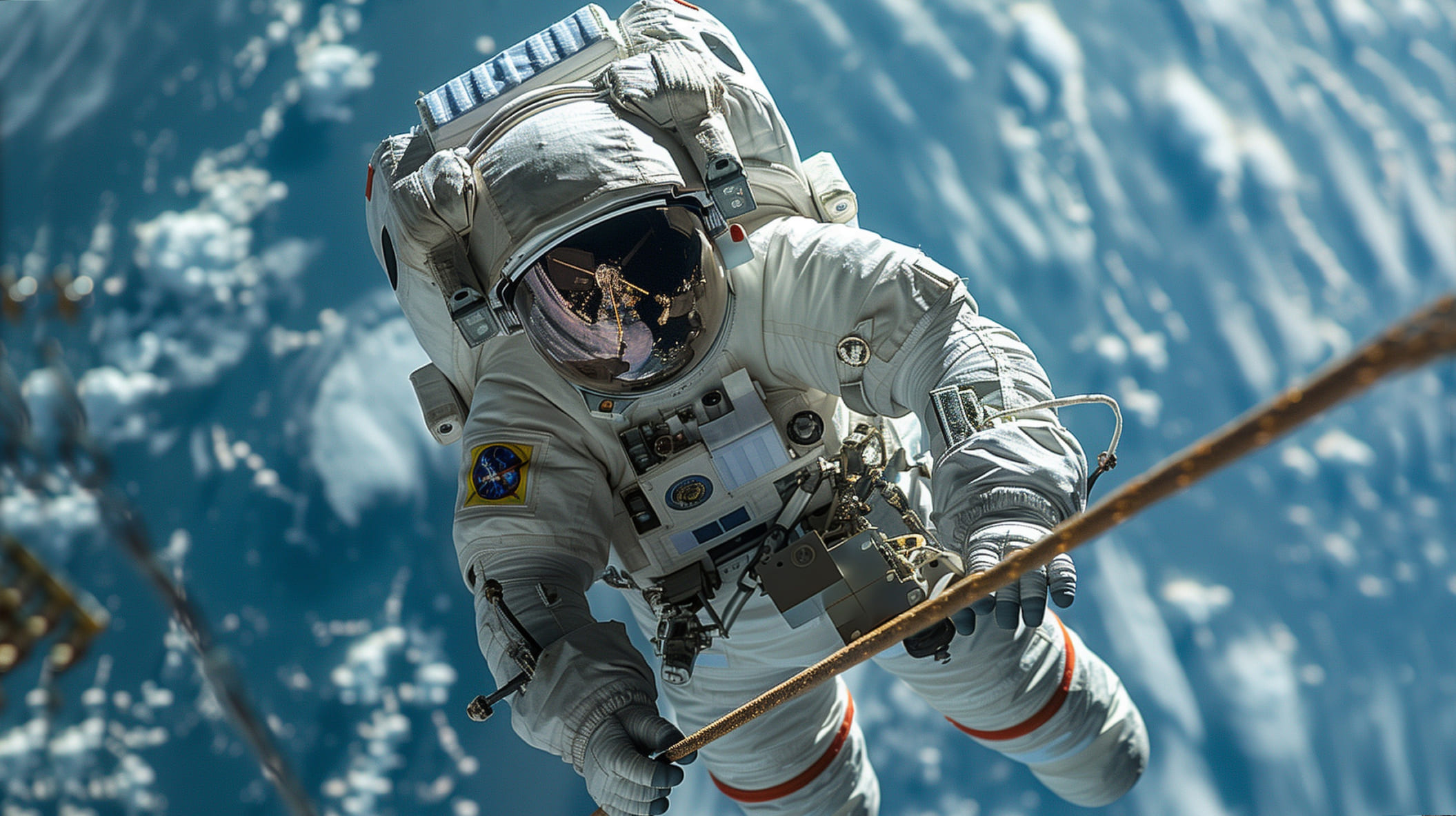 Ein Astronaut hängt im Weltall an einem Seil.